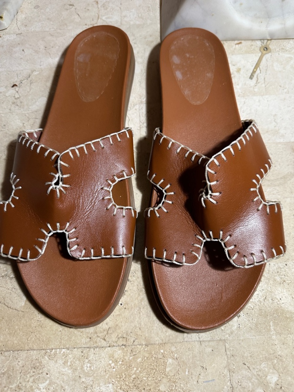 Brown Leather Slide Sandals with Contrast Stitching